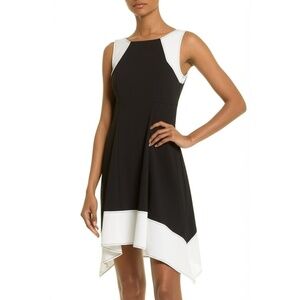 DKNY Black White Contrast‎ Trim Asymmetrical Hem Sleeveless Sheath Dress
